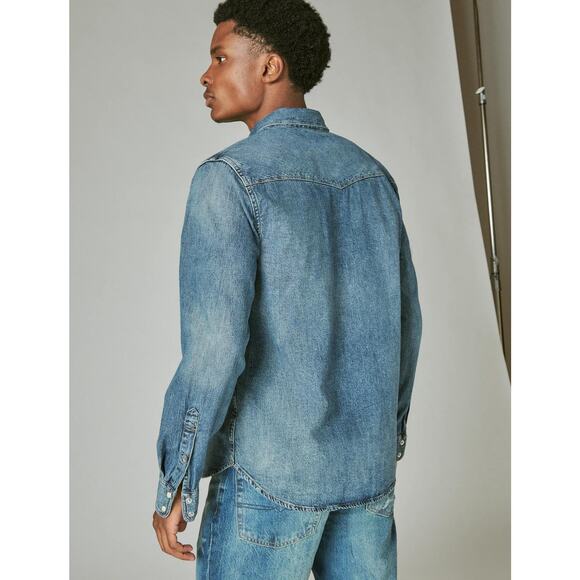 Lucky Brand Cotton Blue Jean Denim Western Cowboy Snap Long Sleeve Shirt Mens M - Picture 10 of 16